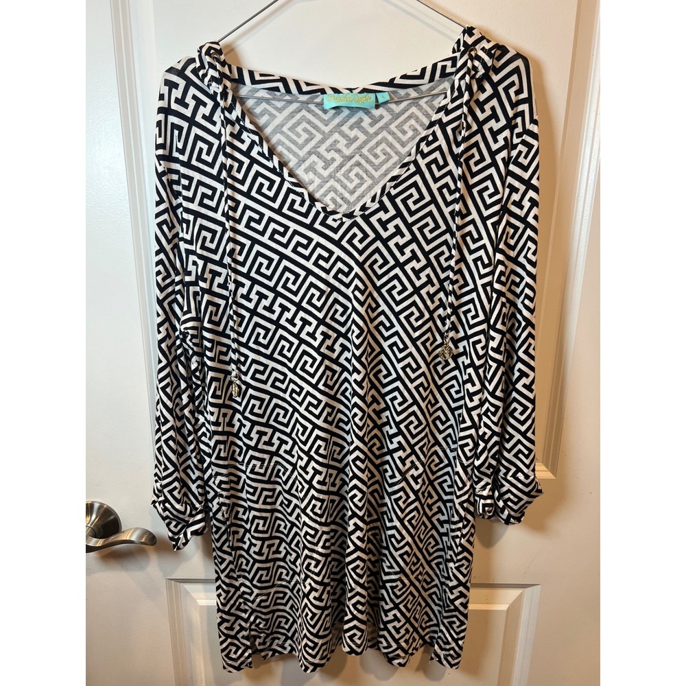 Beach Candie Womens Cover Up Greek Key Geometric Black White Large